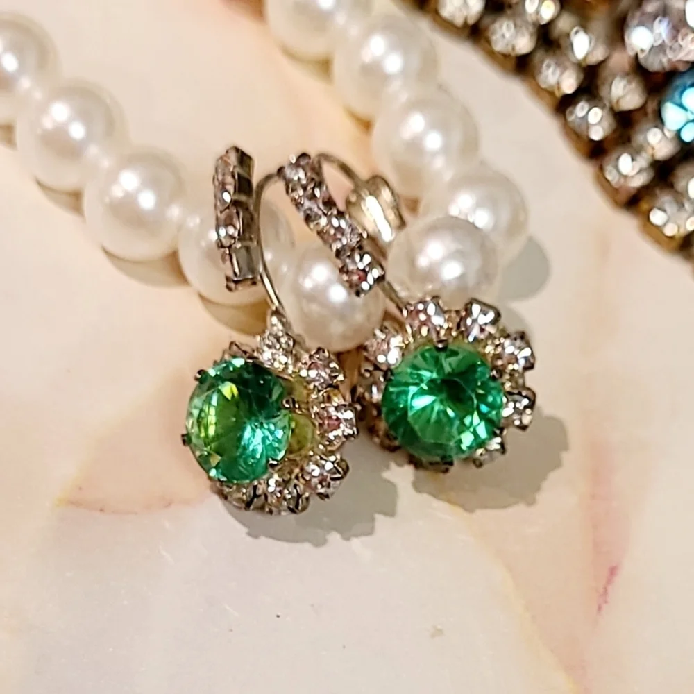 Vintage Green Crystal Rhinestone Lever back Earrings